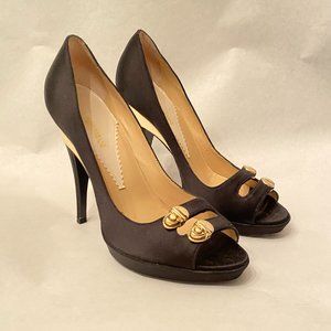 Emporio Armani Open Toe Satin Pumps with buckle gold detail, sz 37